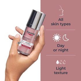 Eucerin label close-up listing Thiamidol and Hyaluronic Acid benefits