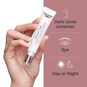 Eucerin eye cream beside facial moisturizer illustrating routine layering