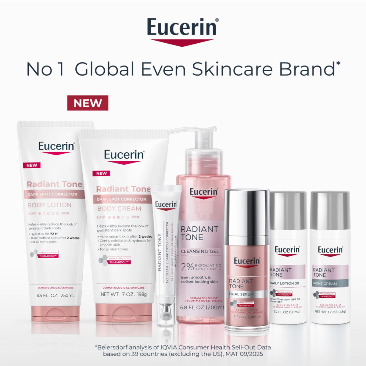 Eucerin tube next to a hand for size comparison and portability benefit