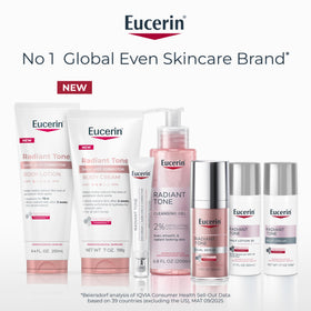 Eucerin tube next to a hand for size comparison and portability benefit