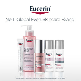 Eucerin radiant tone compact bottle in travel bag showing travel-ready convenience