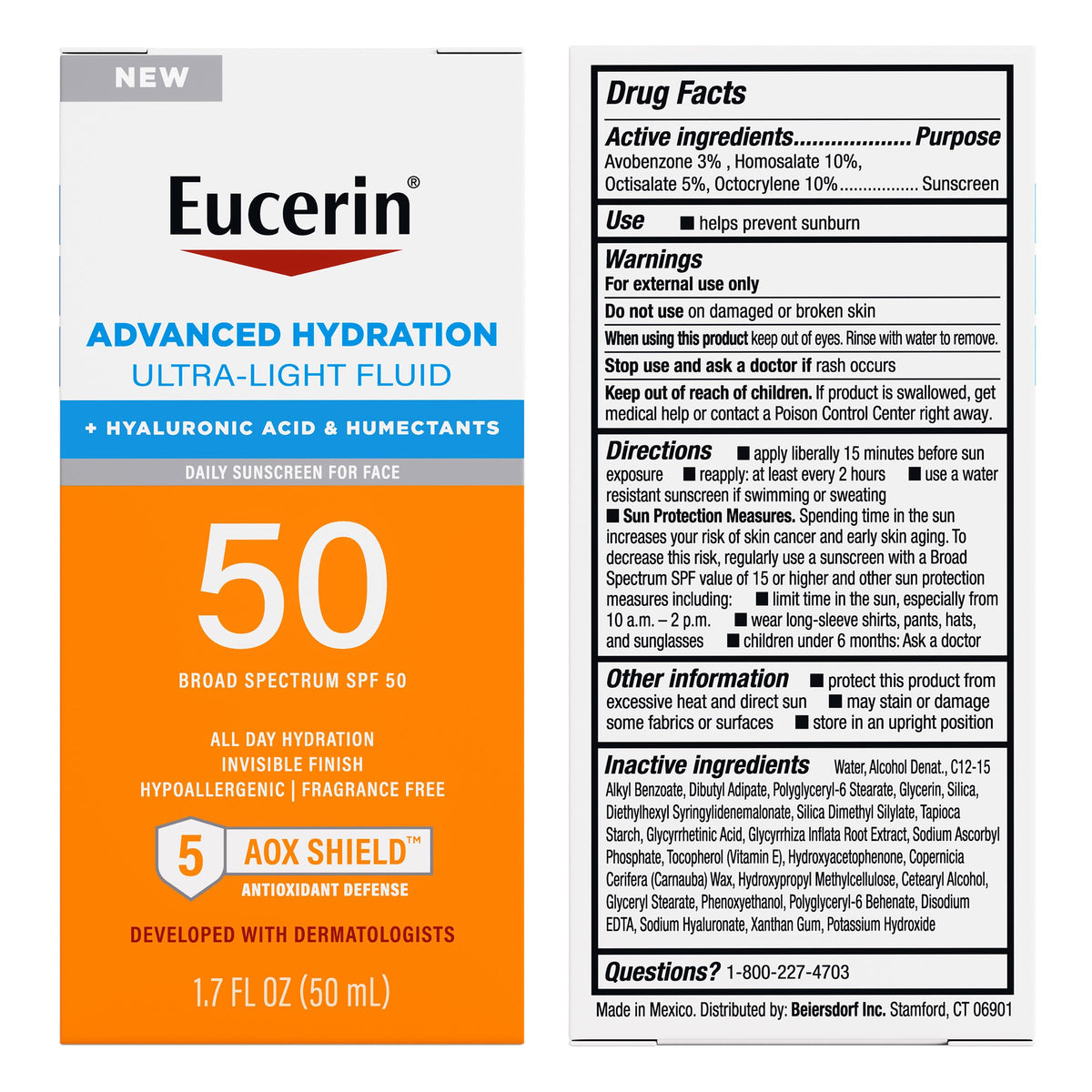 Eucerin bottle next to a ruler illustrating 1.7 fl oz