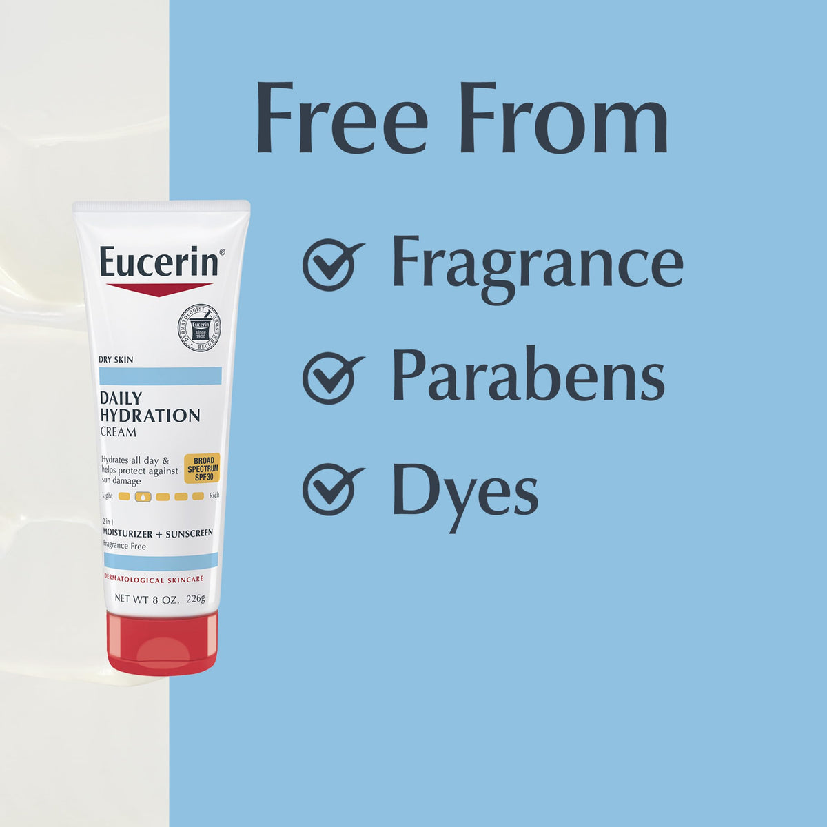 Icons for fragrance-free and sensitive skin showing Eucerin gentle benefit