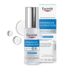 Eucerin front packaging showing bottle and branding, highlights hydration benefit