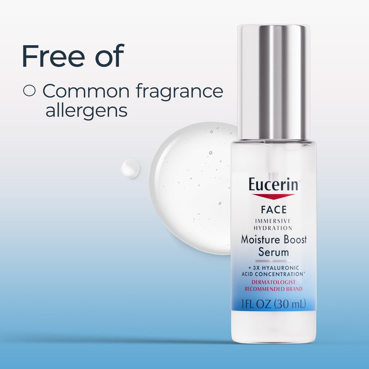 Close-up of Eucerin ingredient list, brand emphasizing multi-weight hyaluronic acid