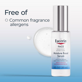 Close-up of Eucerin ingredient list, brand emphasizing multi-weight hyaluronic acid