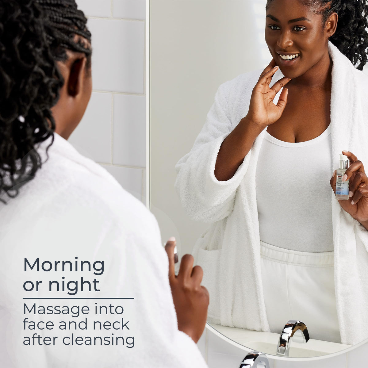 Eucerin serum on nightstand beside towel, brand promoting evening hydration ritual