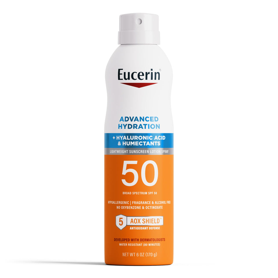 Eucerin front bottle view showing clear SPF 50 spray and label benefit