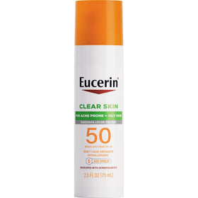 Eucerin front view of 2.5 fl oz pump bottle showing size and branding benefits