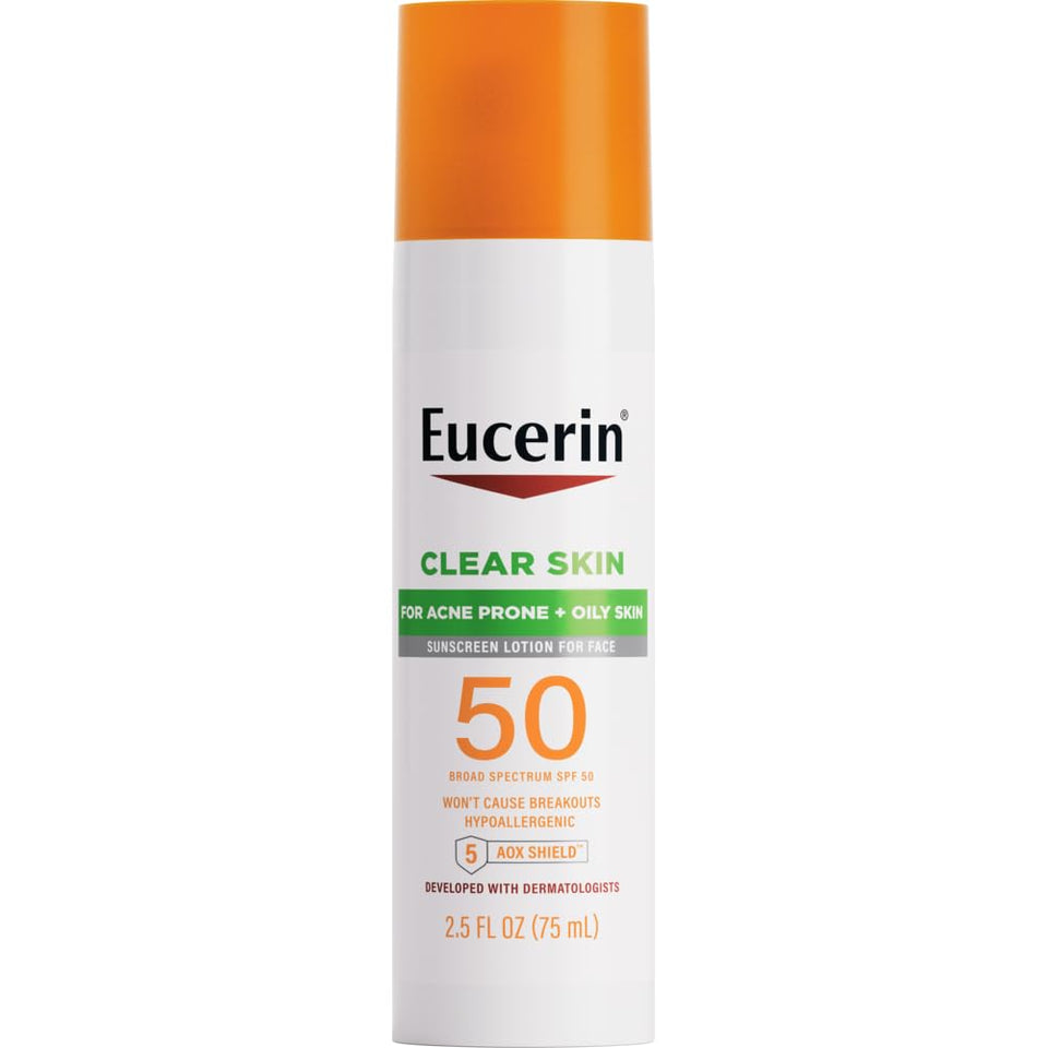 Eucerin front view of 2.5 fl oz pump bottle showing size and branding benefits