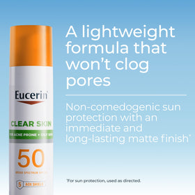 Model with matte complexion after applying Eucerin sunscreen illustrating shine control