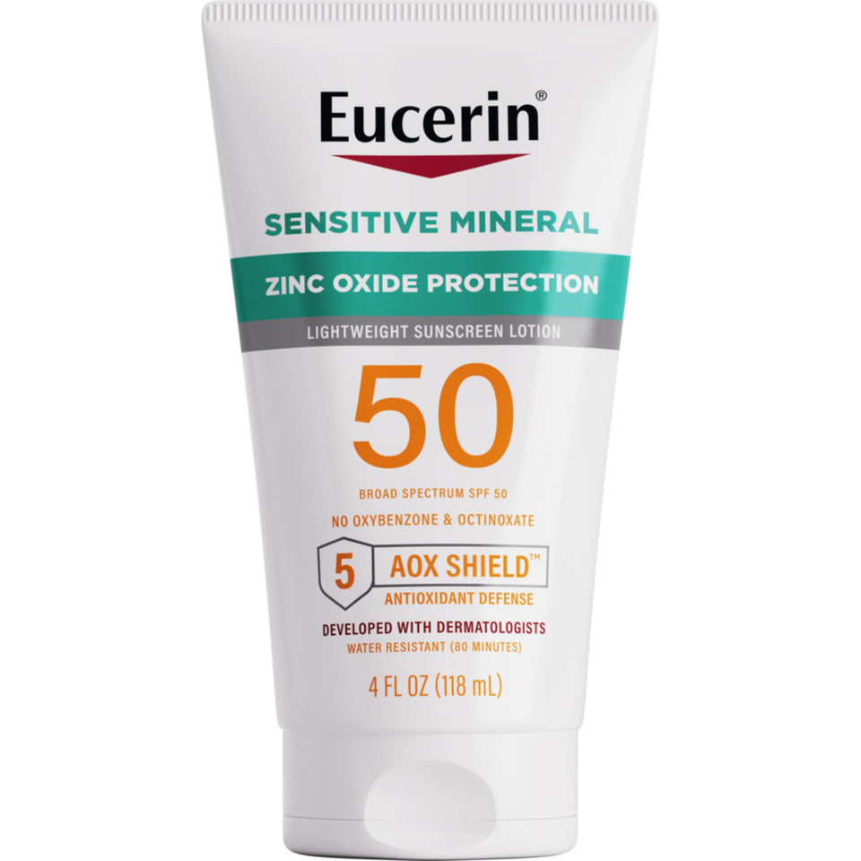 Eucerin front tube showing SPF 50 and zinc oxide protection for reliable coverage