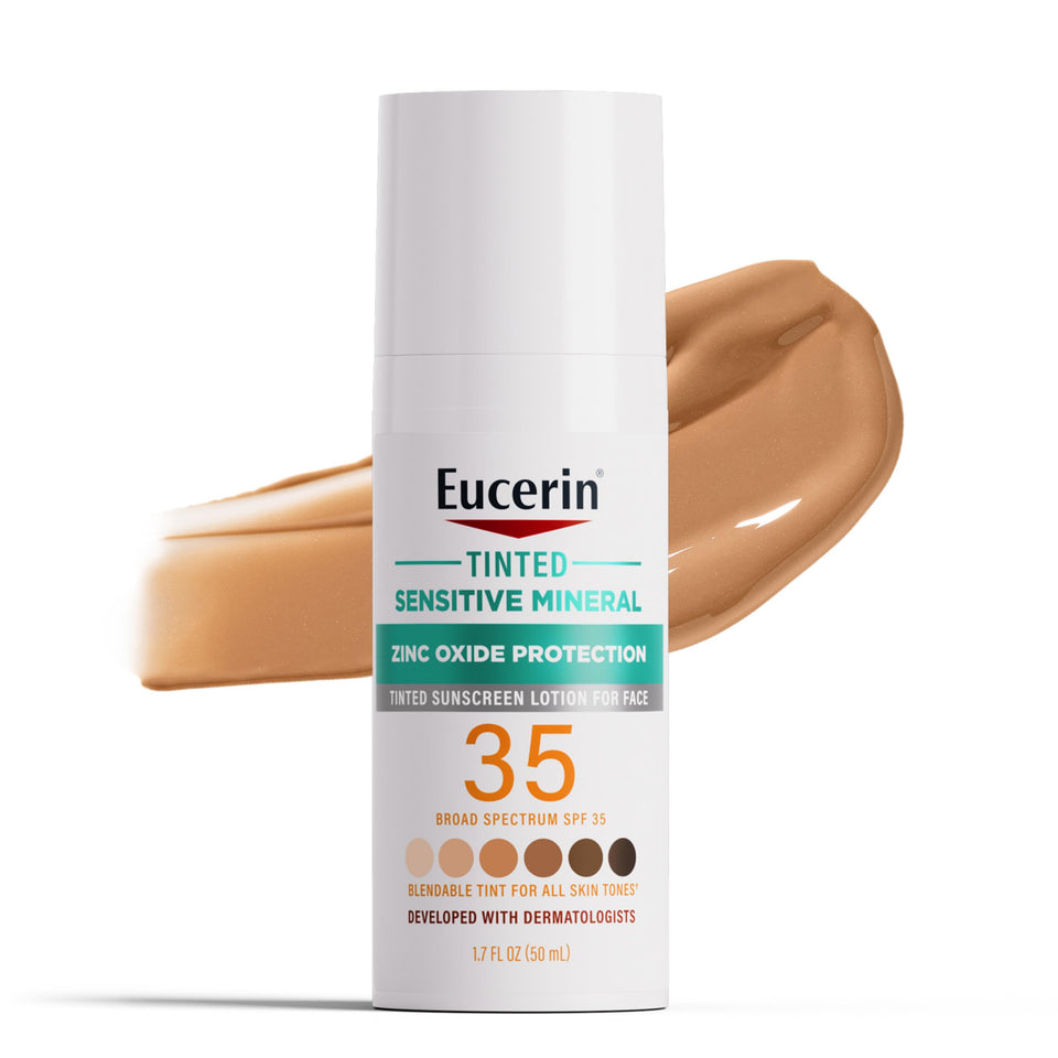 Eucerin front packaging showing compact SPF 35 bottle and clear labeling benefit: easy storage