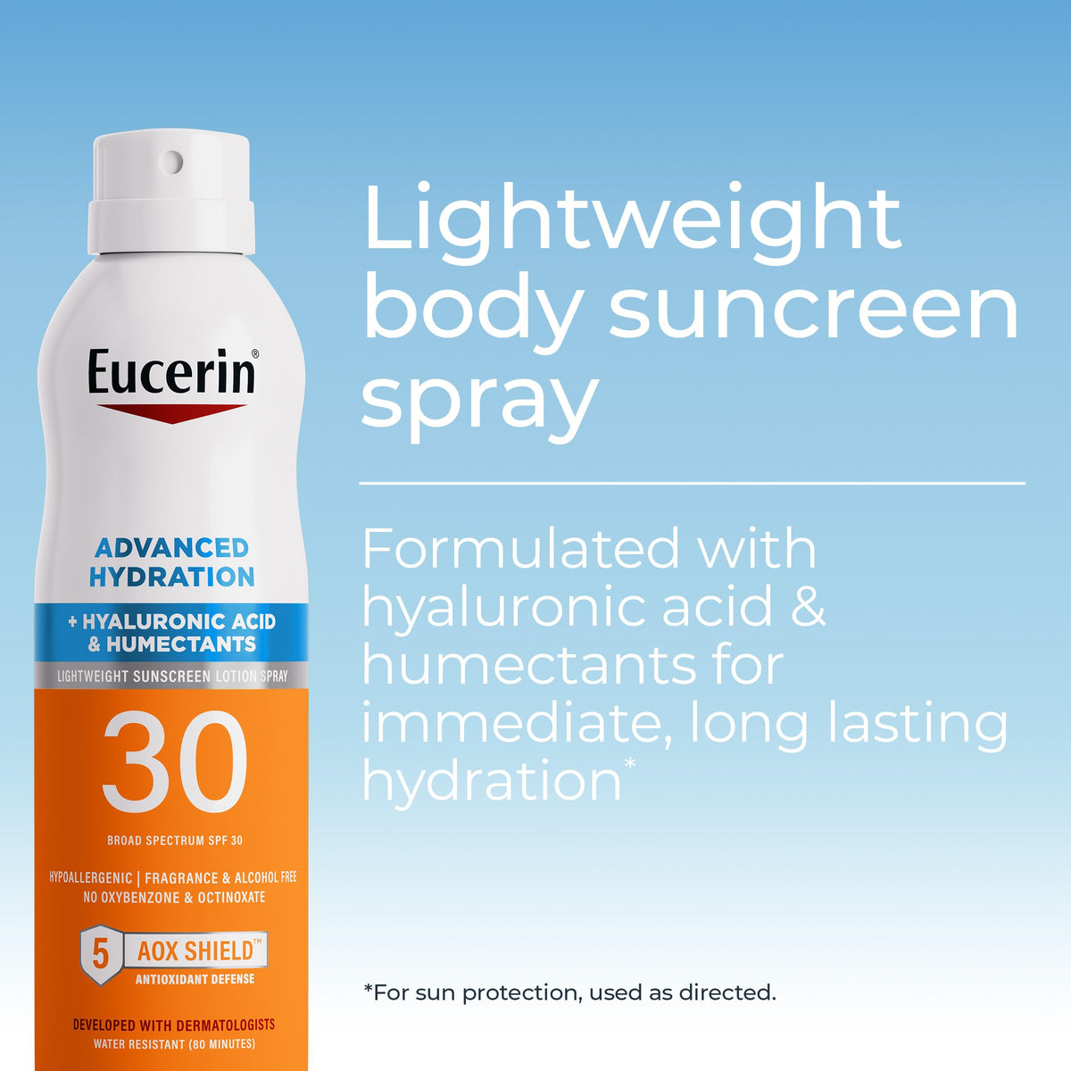 Eucerin sunscreen spray in action on arm demonstrating quick, even coverage