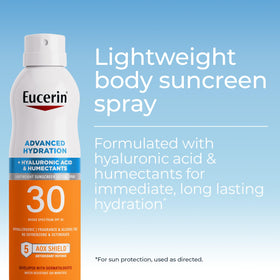 Eucerin sunscreen spray in action on arm demonstrating quick, even coverage