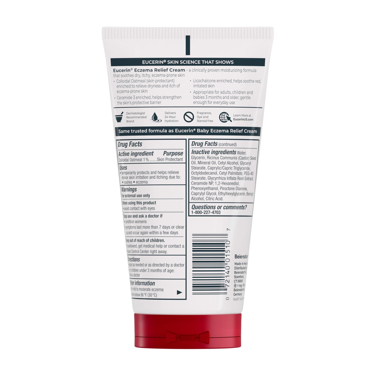 Eucerin cream texture close-up highlighting colloidal oatmeal for soothing relief