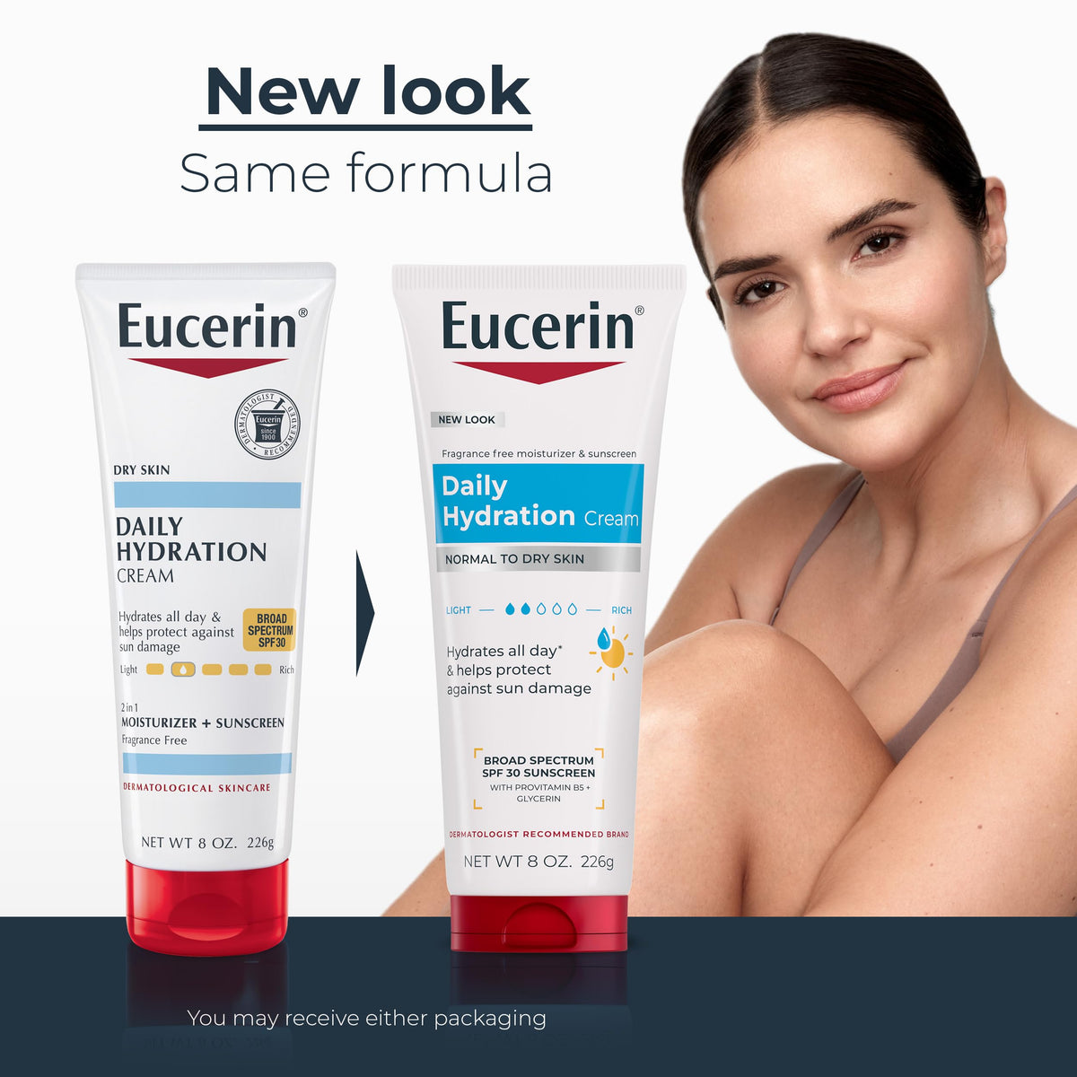 Close-up of Eucerin tube label highlighting SPF 30 protection benefit