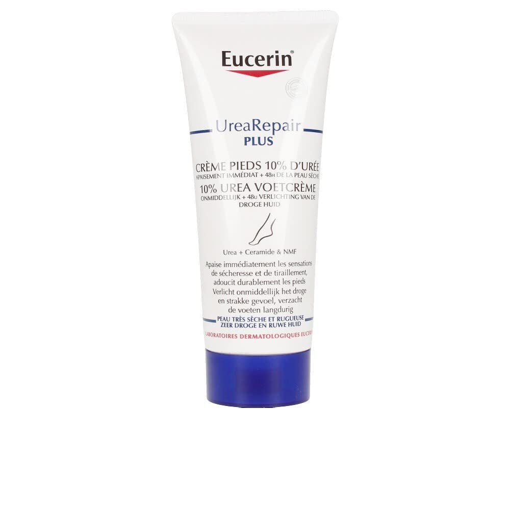 Eucerin tube front view showing brand and fast-absorbing foot hydration benefit