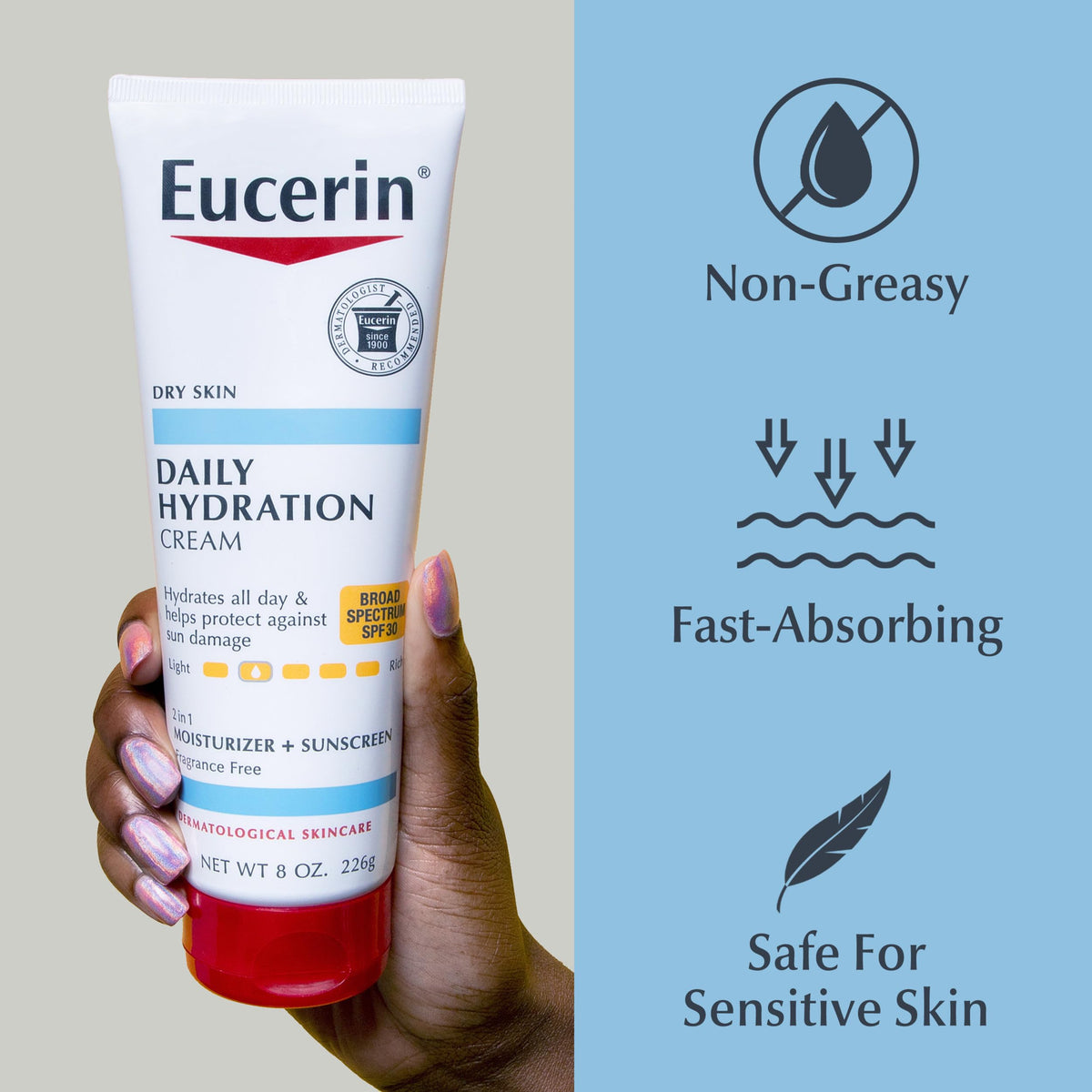 Eucerin used at beach showing water-resistant activity support benefit