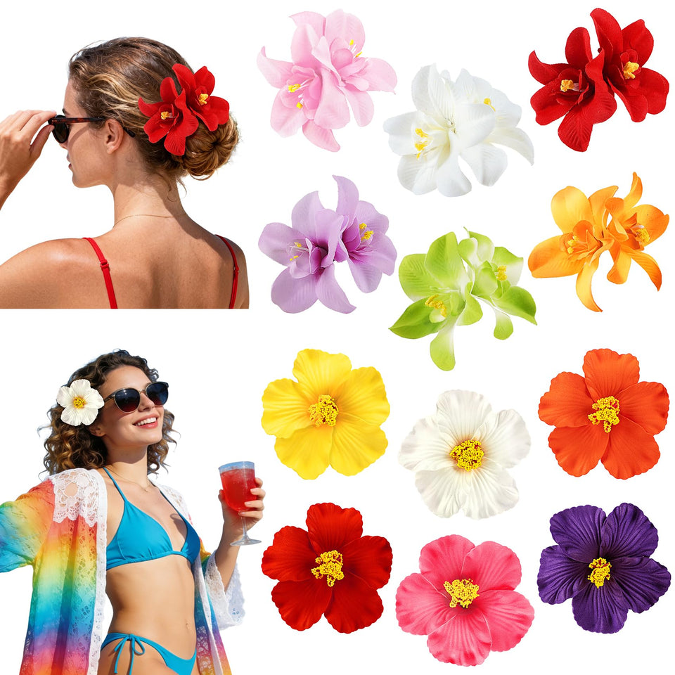 Eunhdet front packaging showing 12 colorful Hawaiian flower clips and variety