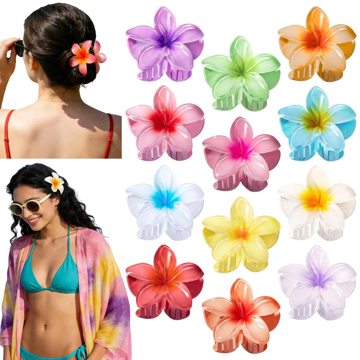 Eunhdet front packaging showing 12 colorful plumeria clips and quick styling benefit