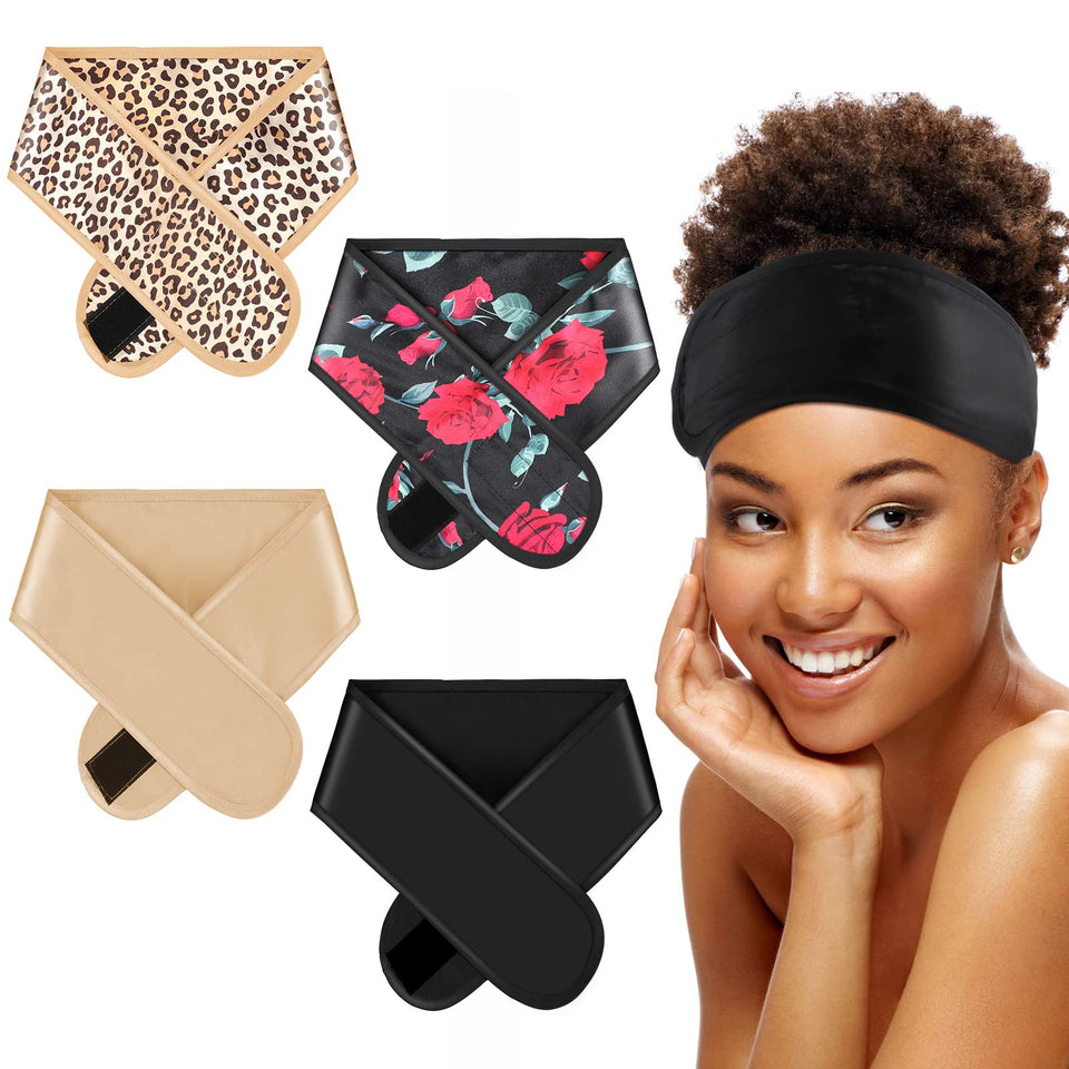 Eurzom front view of four satin hair wraps showing colors and prints, protective styling benefit