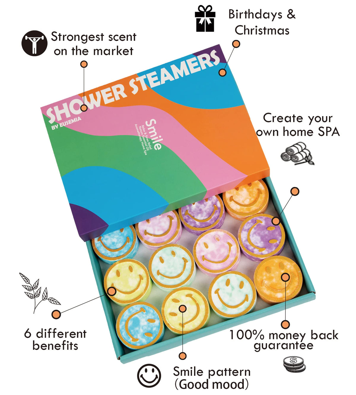 EUSEMIA tablet placed on a shower ledge releasing steam and fragrance for an at-home spa benefit