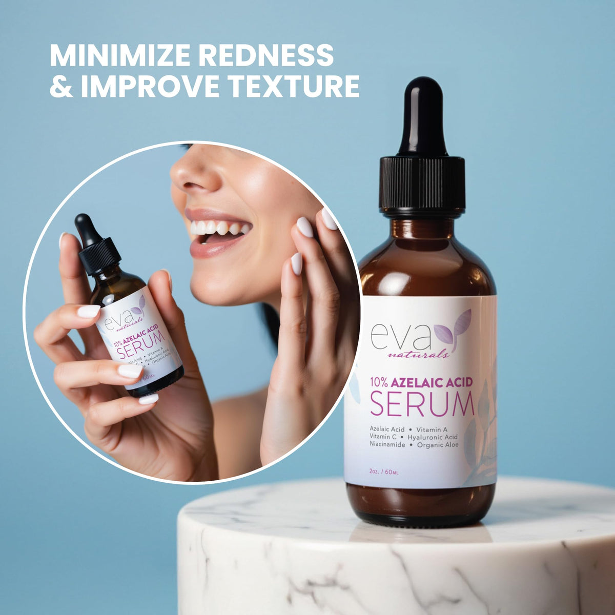 Hand applying Eva Naturals serum to face demonstrating easy absorption and layering