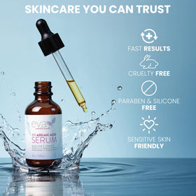 Botanical ingredient visuals alongside Eva Naturals bottle conveying gentle formulations