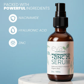 Before and after comparison mock-up illustrating Eva Naturals pore and spot improvement