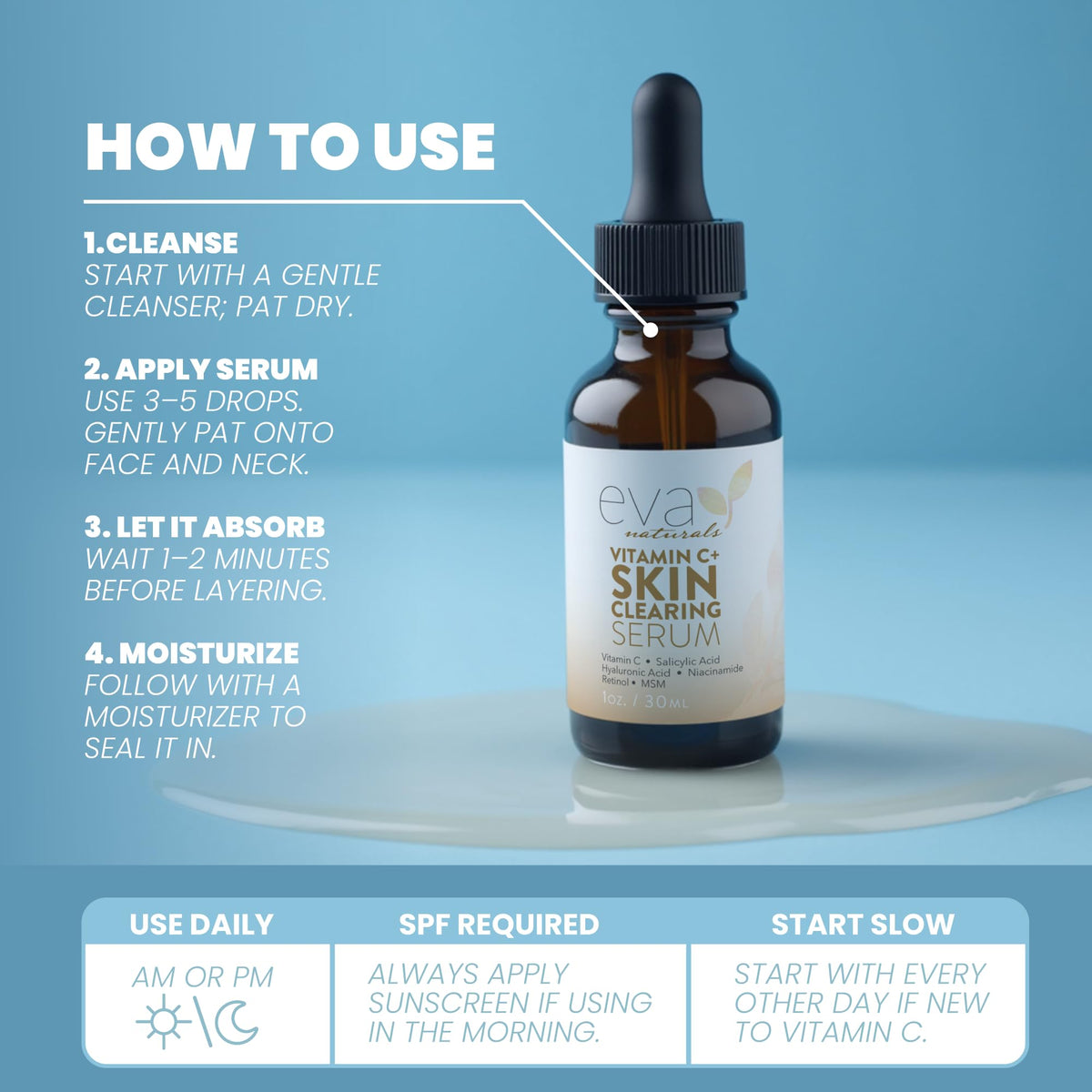 Eva Naturals bottle beside sunscreen indicating daytime routine compatibility