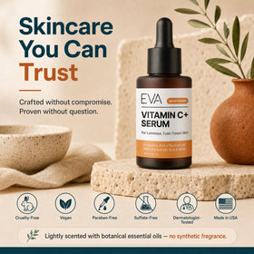Eva Naturals bottle styled on bathroom counter to suggest easy layering