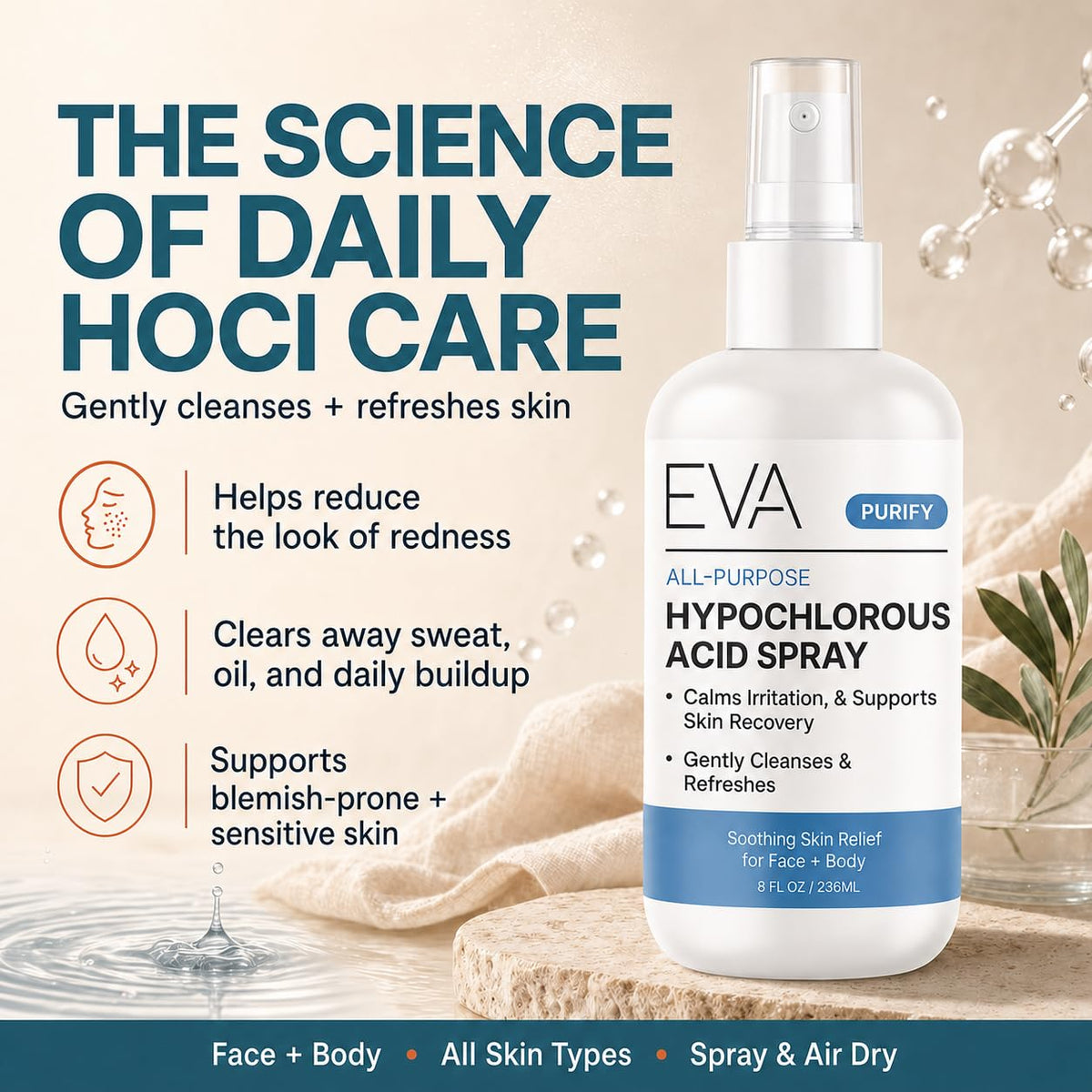 Eva Naturals clear liquid texture in hand highlighting lightweight feel
