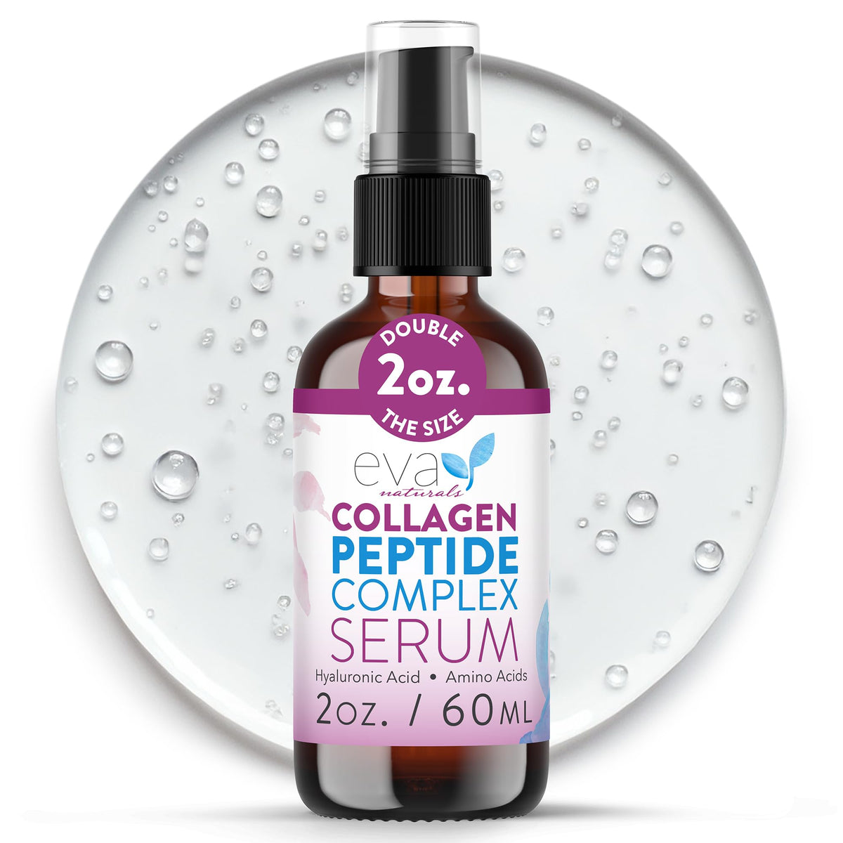 Eva Naturals front packaging showing collagen serum bottle and clear benefit