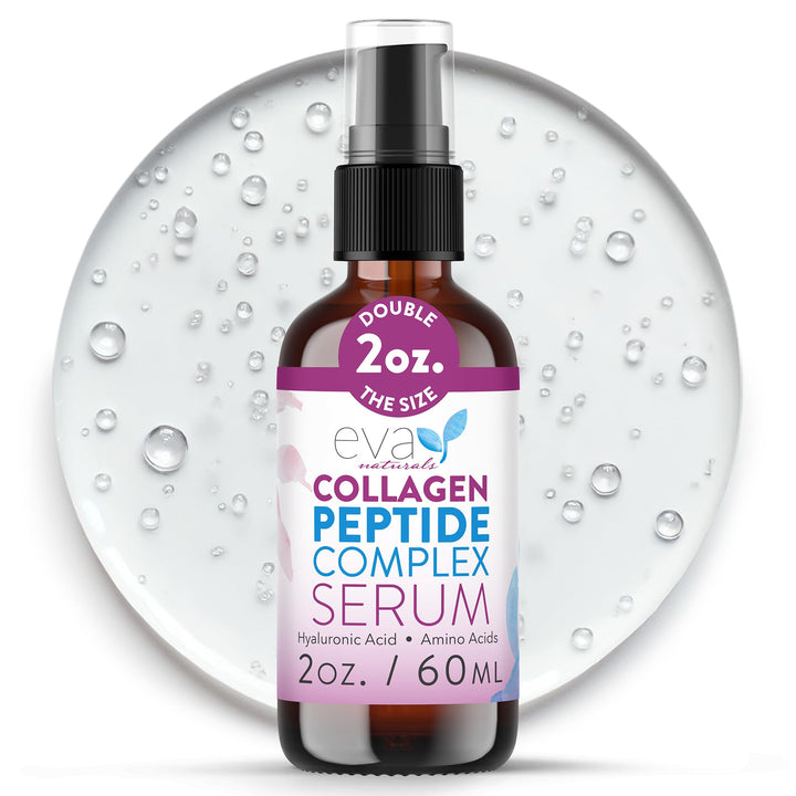 Eva Naturals front packaging showing collagen serum bottle and clear benefit