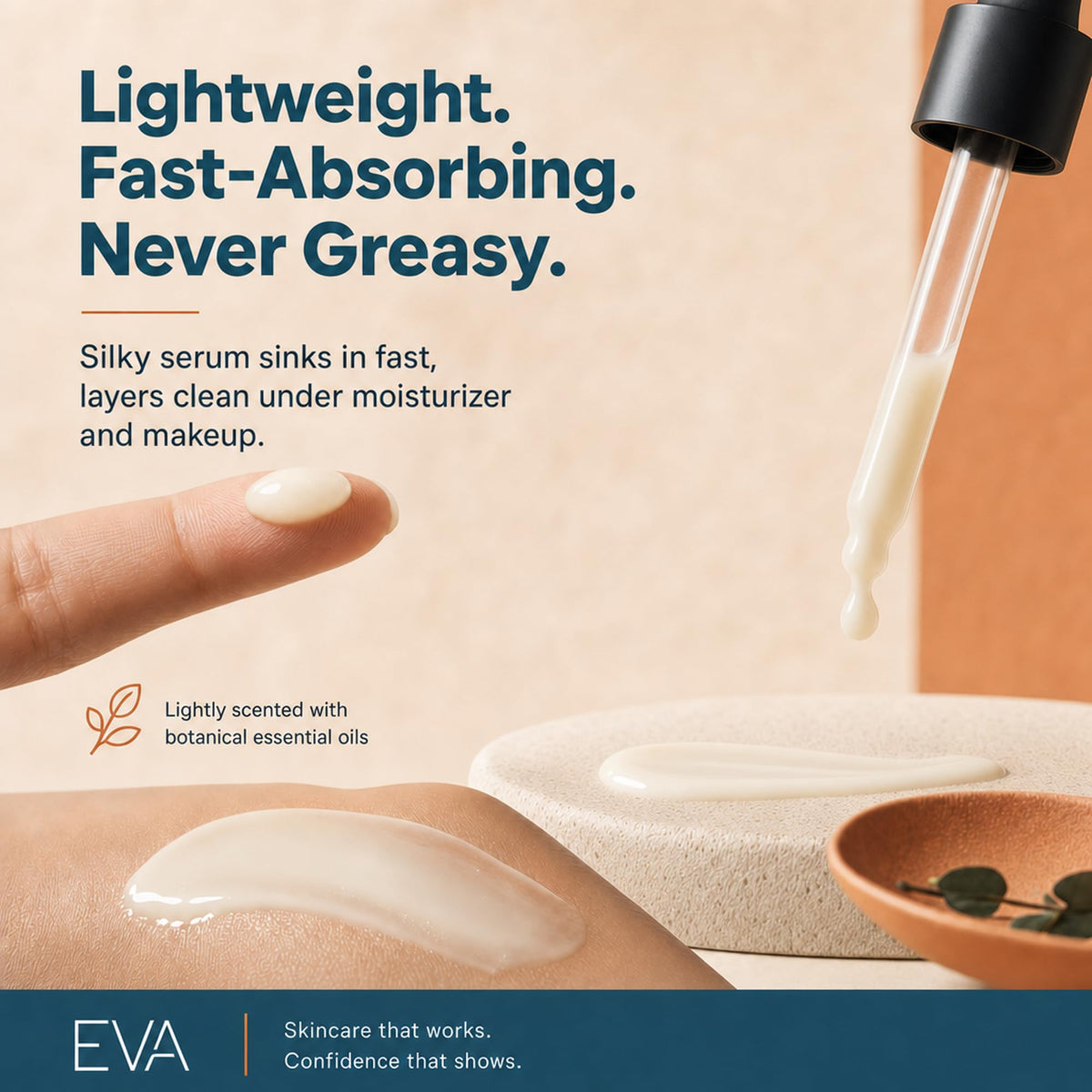 Eva Naturals ingredient display with squalane and hyaluronic acid bottles