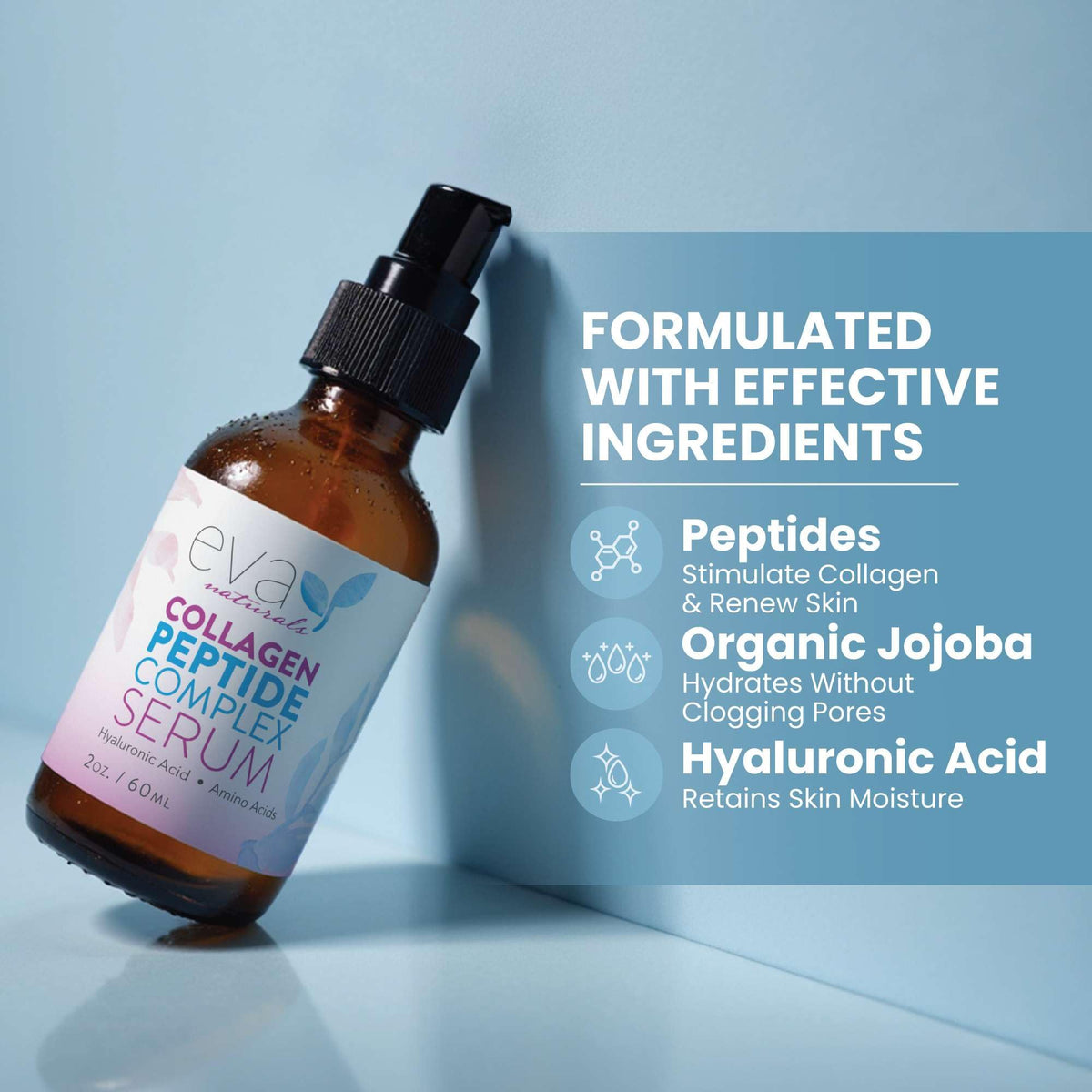 Eva Naturals close-up of ingredients panel emphasizing peptide blend