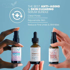 Eva Naturals peptide serum pipette showing hydrating texture and plumpness