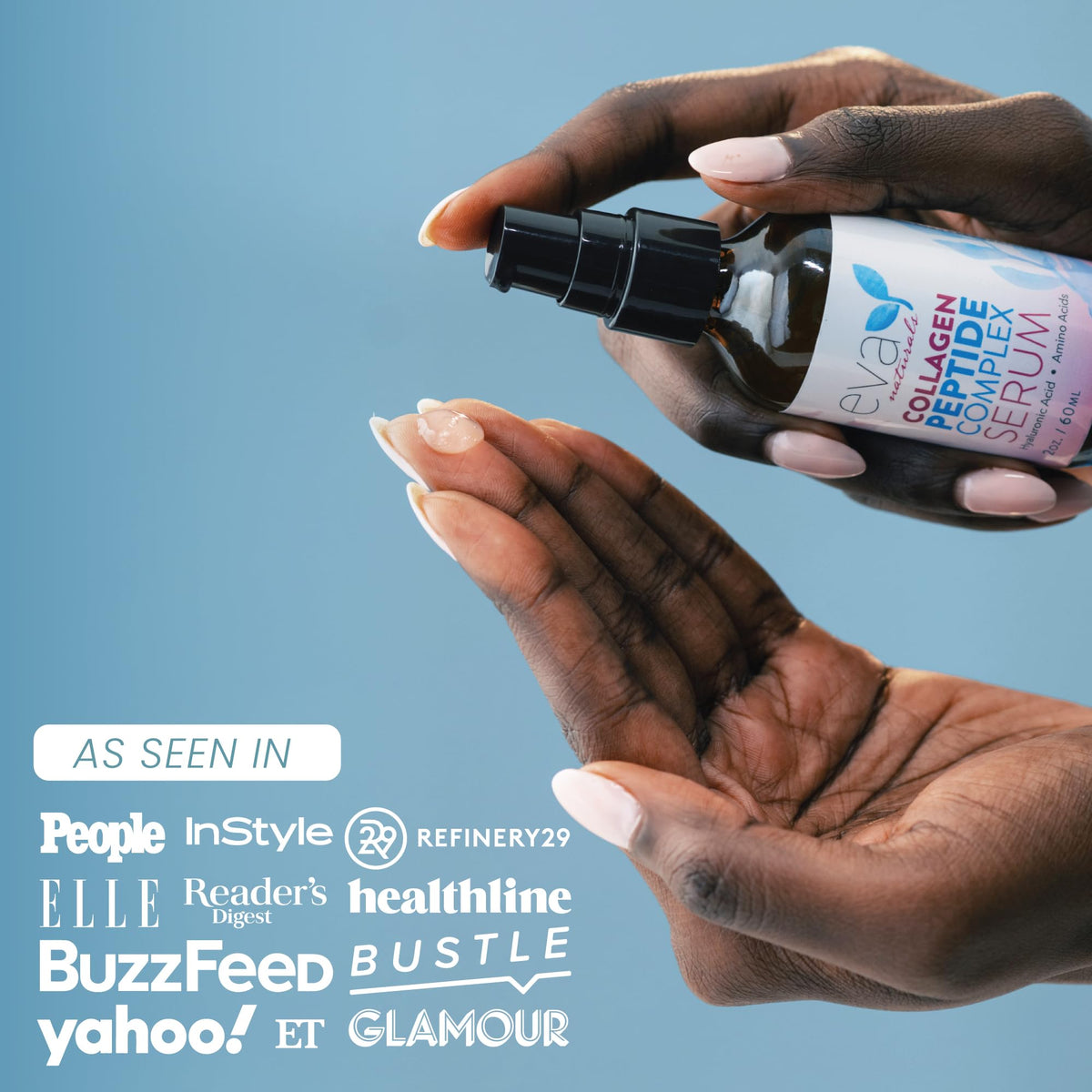 Eva Naturals two ounce bottle beside common items to show actual size