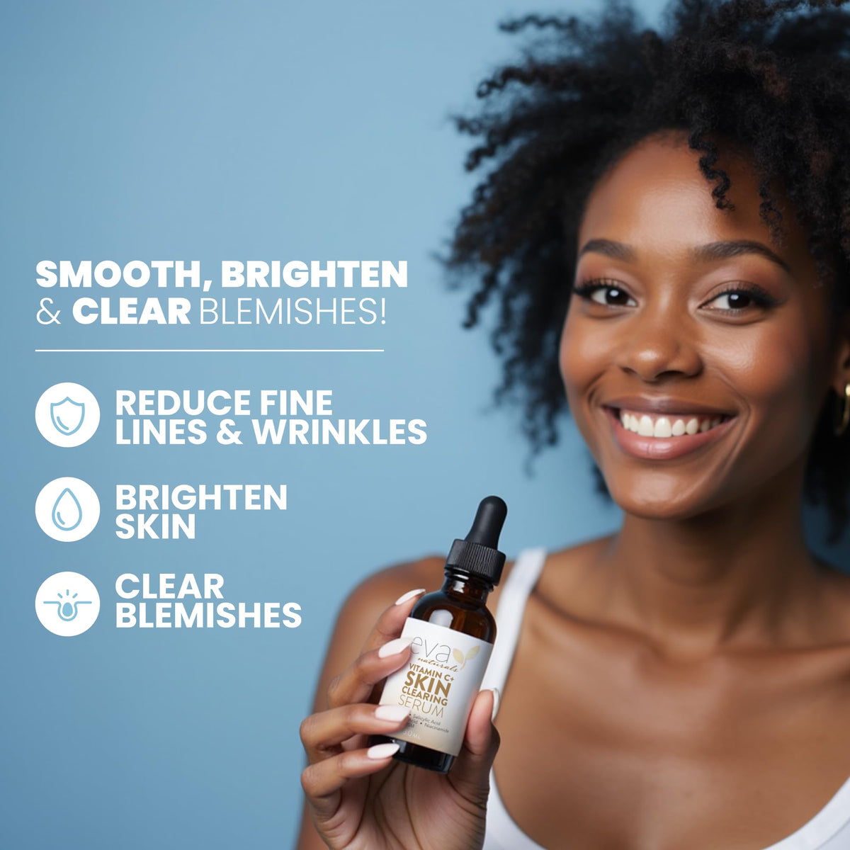 Eva Naturals serum drop close-up showing lightweight texture and fast absorption