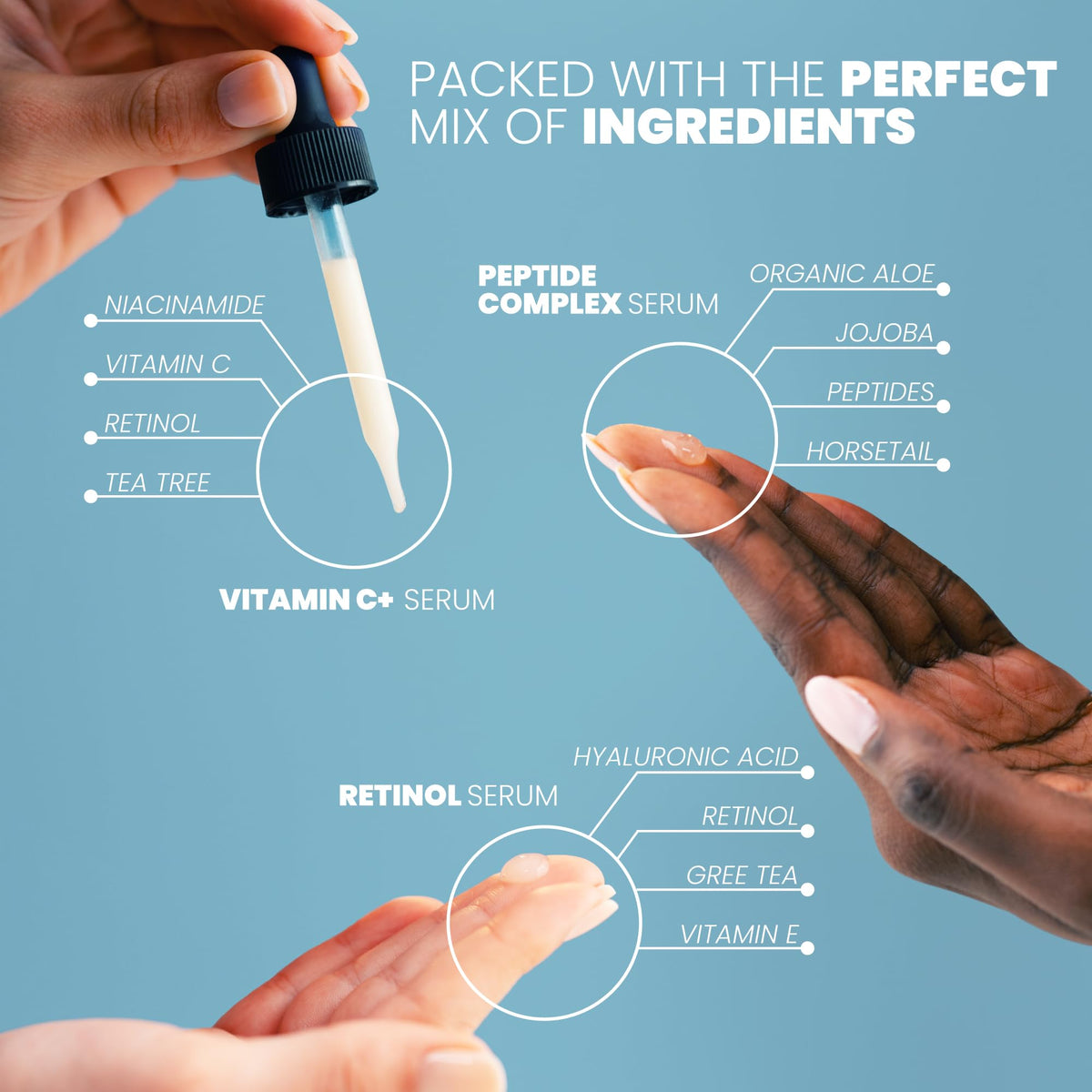 Eva Naturals three-serum set styled on vanity for a simplified routine