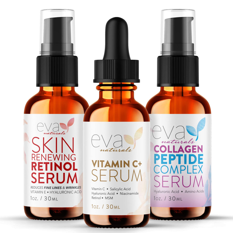 Eva Naturals front packaging showing three serums and benefits