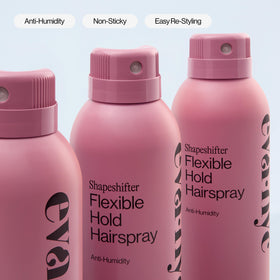 EVA·NYC hairspray spraying onto styled hair demonstrating anti-humidity protection