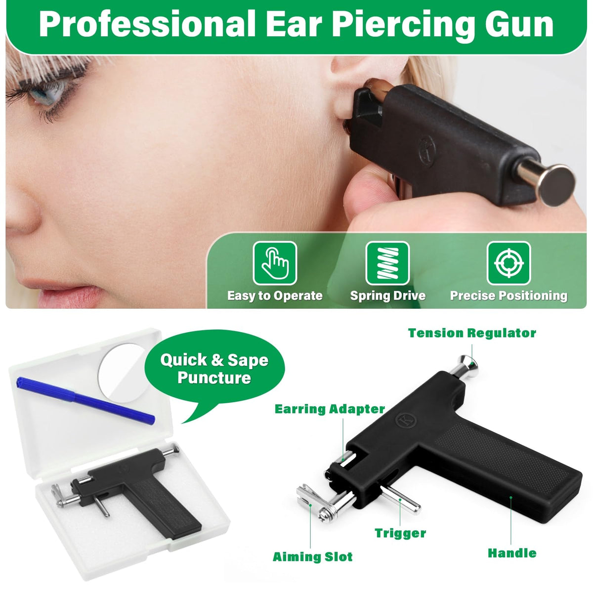 Evatage piercing gun close-up highlighting stainless-steel adaptor durability