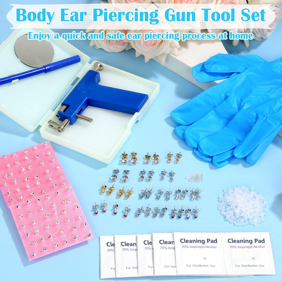 Evatage assorted studs and rubber backs displayed for style and sizing options
