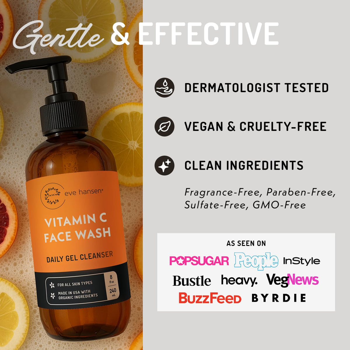 Label closeup on Eve Hansen cleanser highlighting natural ingredient list