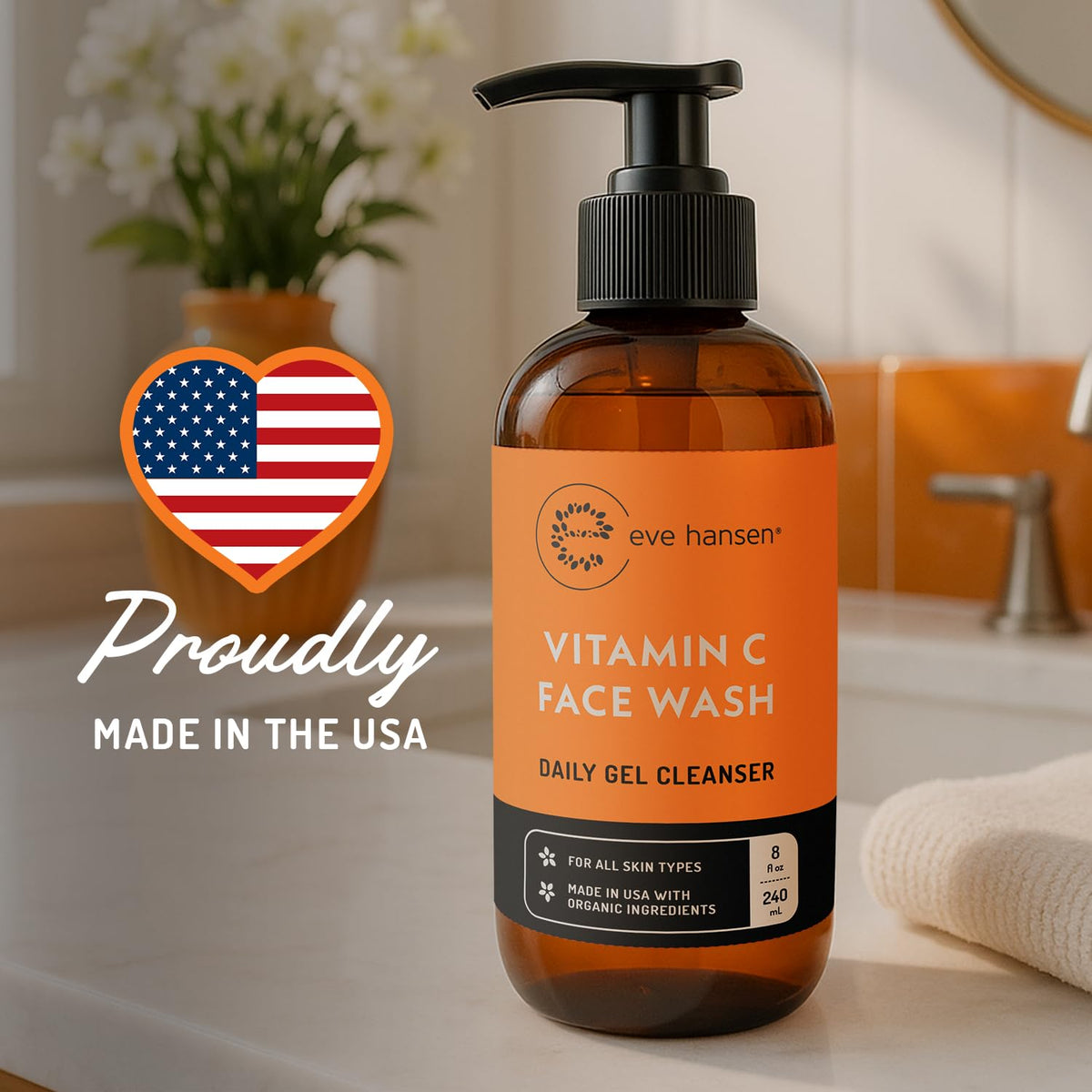 Eve Hansen cleanser staged on bathroom counter for daily routine convenience