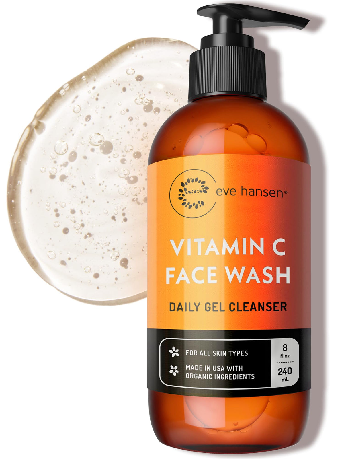 Eve Hansen bottle front view showing vitamin C cleanser packaging and size benefit