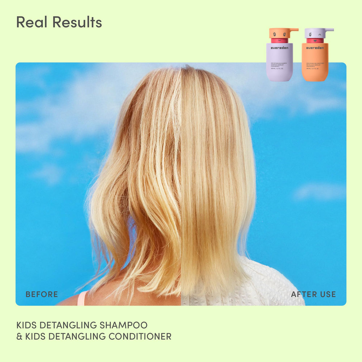 Evereden applied to wet child hair showing easier combing and less tangles