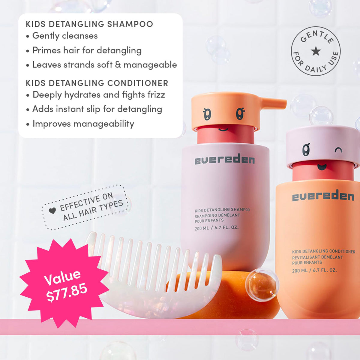Evereden conditioner pump with creamy texture demonstrating smooth detangling